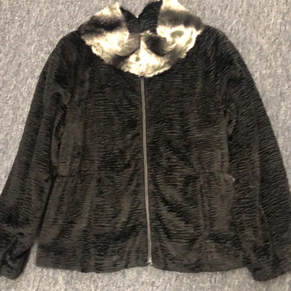 Luxe Rachel Zoe Faux Persian Fur Faux Chinchila Trim Jacket, L, Black